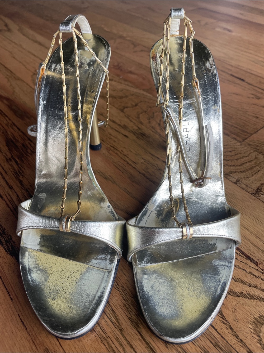 Charles Jourdan Gold Metallic Slingback Heels with Chain Straps